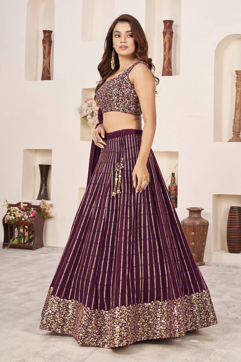 Jyoti Fashion Women's Wine Georgette Sequins Zari Embroidered Lehenga Choli & Dupatta | Grocsy