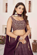 Jyoti Fashion Women's Wine Georgette Sequins Zari Embroidered Lehenga Choli & Dupatta | Grocsy
