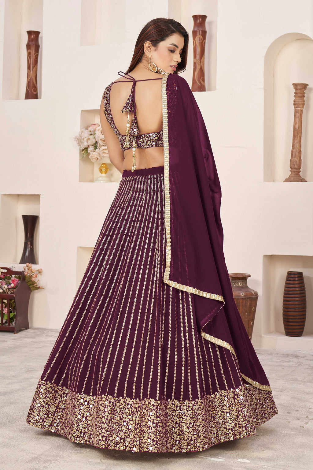 Jyoti Fashion Women's Wine Georgette Sequins Zari Embroidered Lehenga Choli & Dupatta | Grocsy