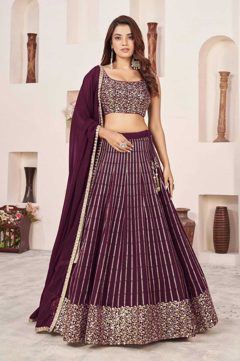 Jyoti Fashion Women's Wine Georgette Sequins Zari Embroidered Lehenga Choli & Dupatta | Grocsy