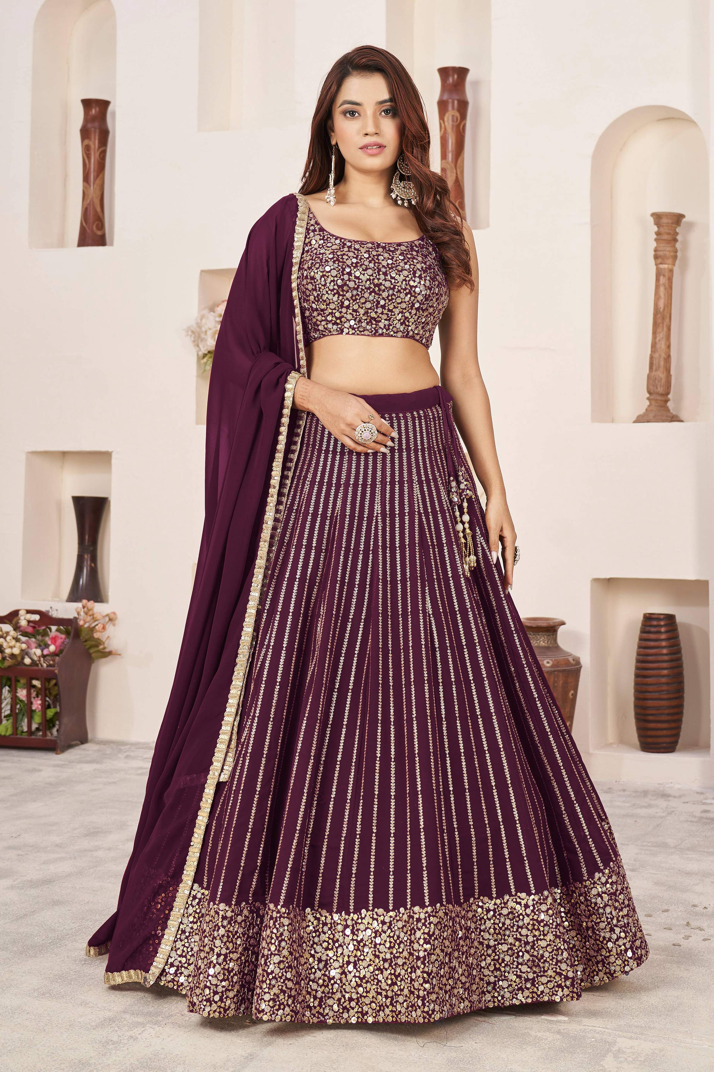 Jyoti Fashion Women's Wine Georgette Sequins Zari Embroidered Lehenga Choli & Dupatta | Grocsy