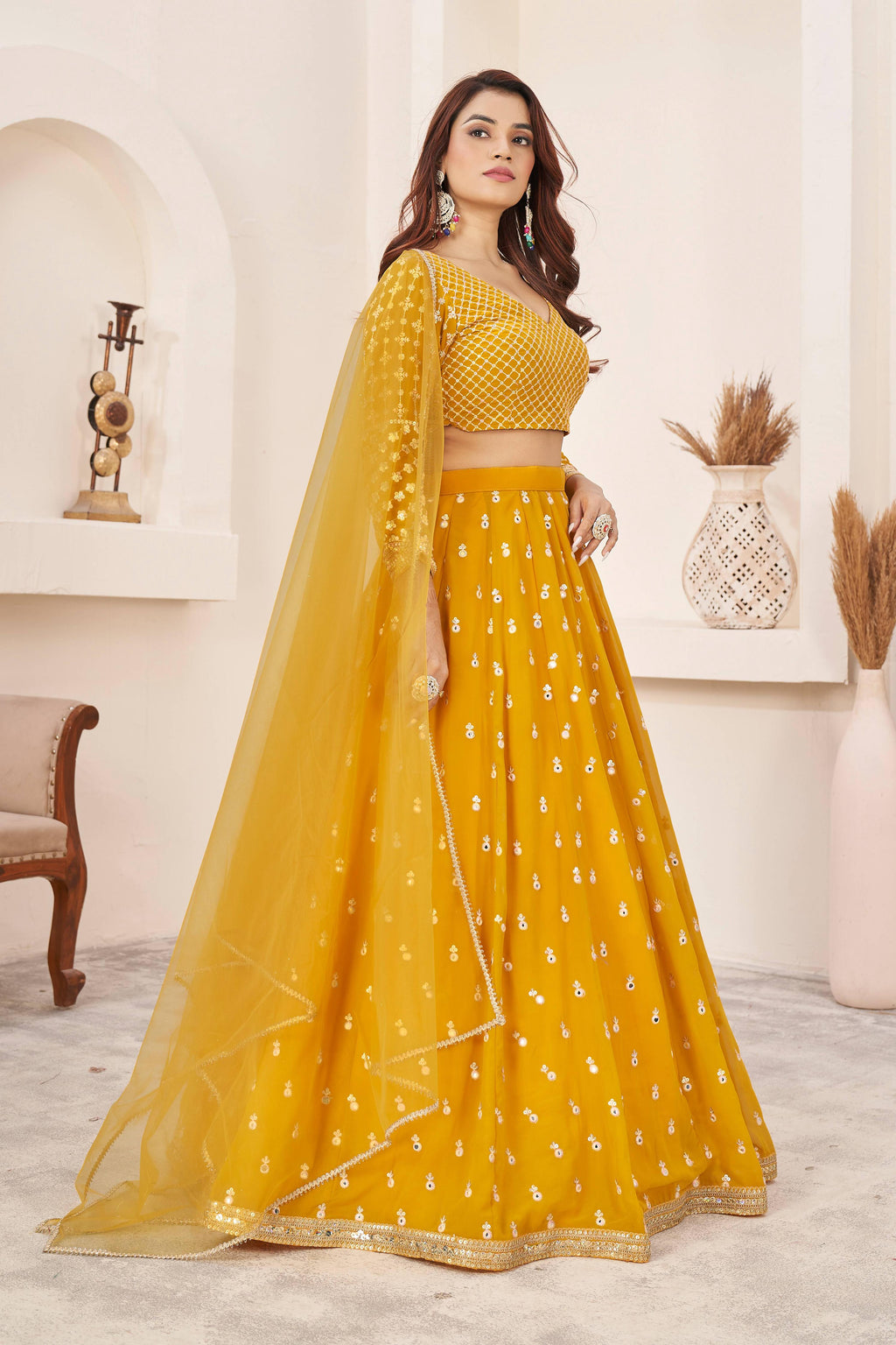 Jyoti Fashion Women's Yellow Georgette Multi Colored Thread with Sequins Embroidered Lehenga Choli & Dupatta | Grocsy