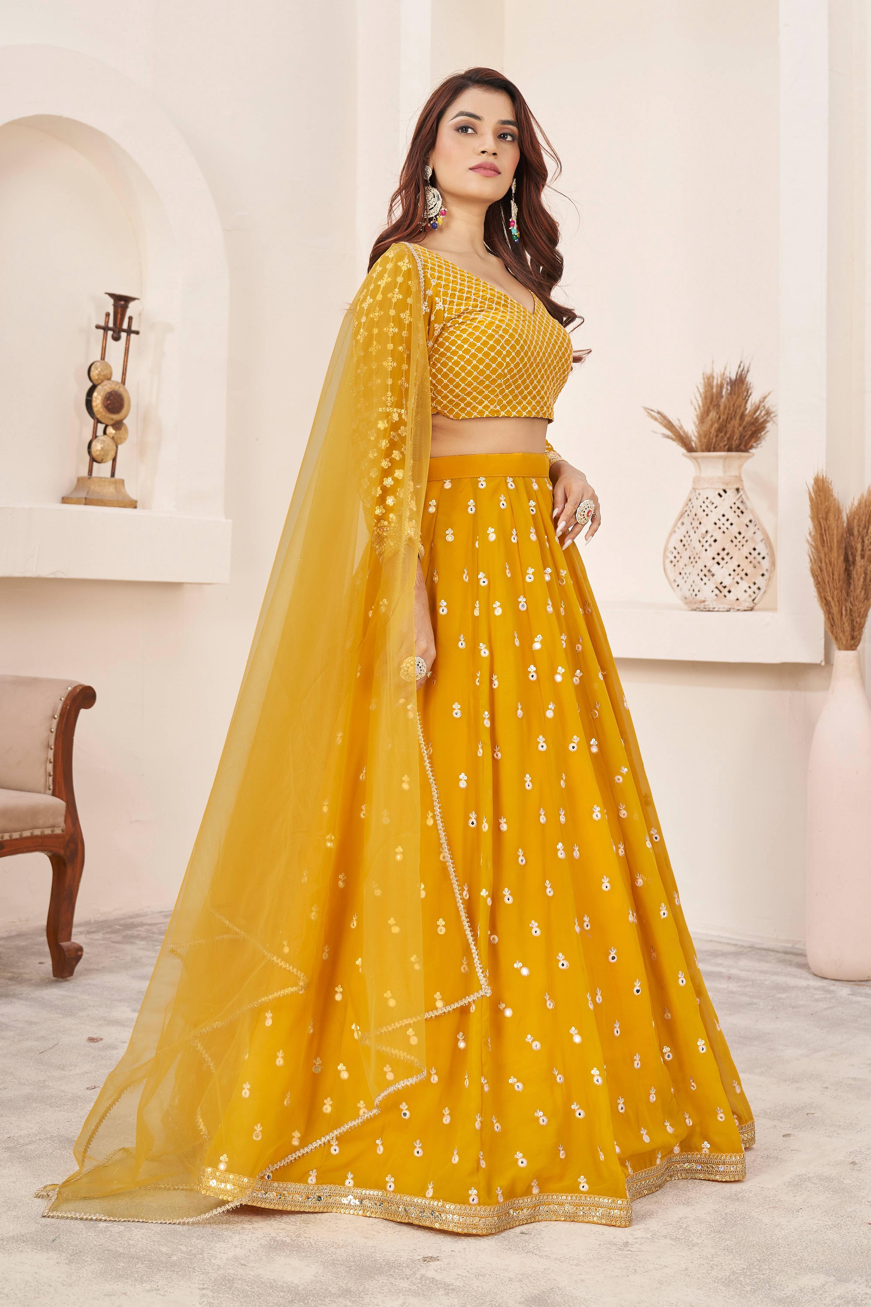 Jyoti Fashion Women's Yellow Georgette Multi Colored Thread with Sequins Embroidered Lehenga Choli & Dupatta | Grocsy