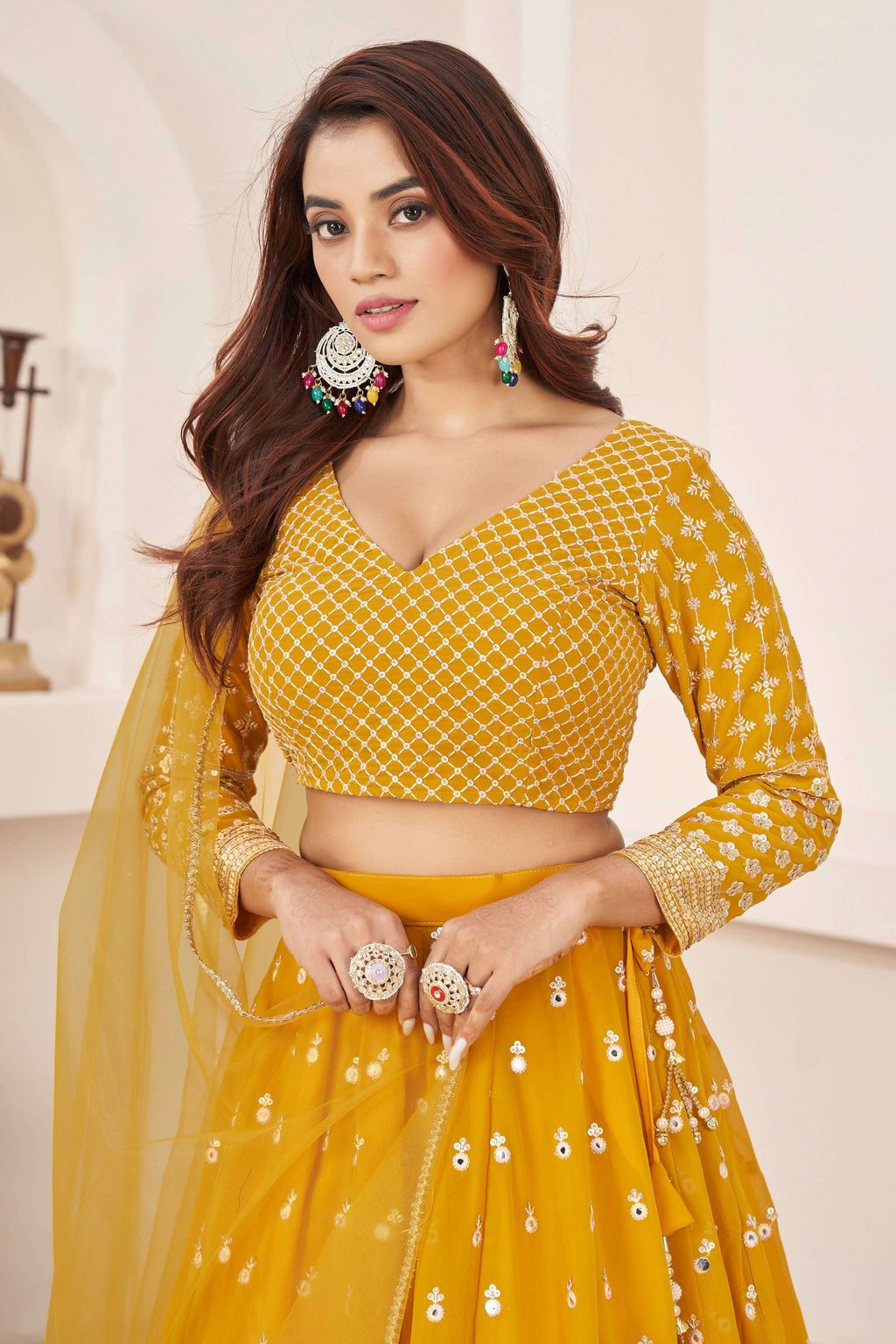 Jyoti Fashion Women's Yellow Georgette Multi Colored Thread with Sequins Embroidered Lehenga Choli & Dupatta | Grocsy