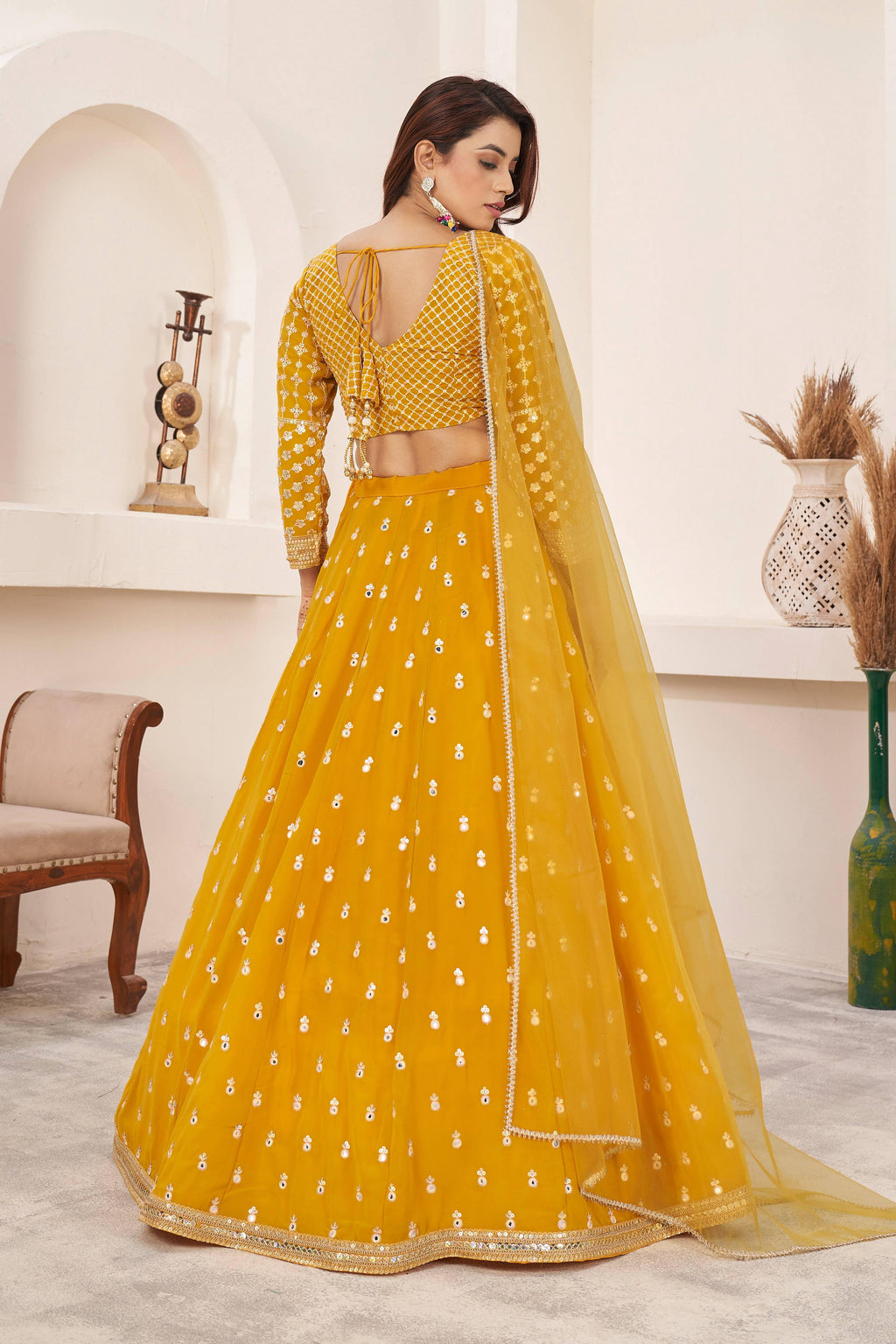 Jyoti Fashion Women's Yellow Georgette Multi Colored Thread with Sequins Embroidered Lehenga Choli & Dupatta | Grocsy