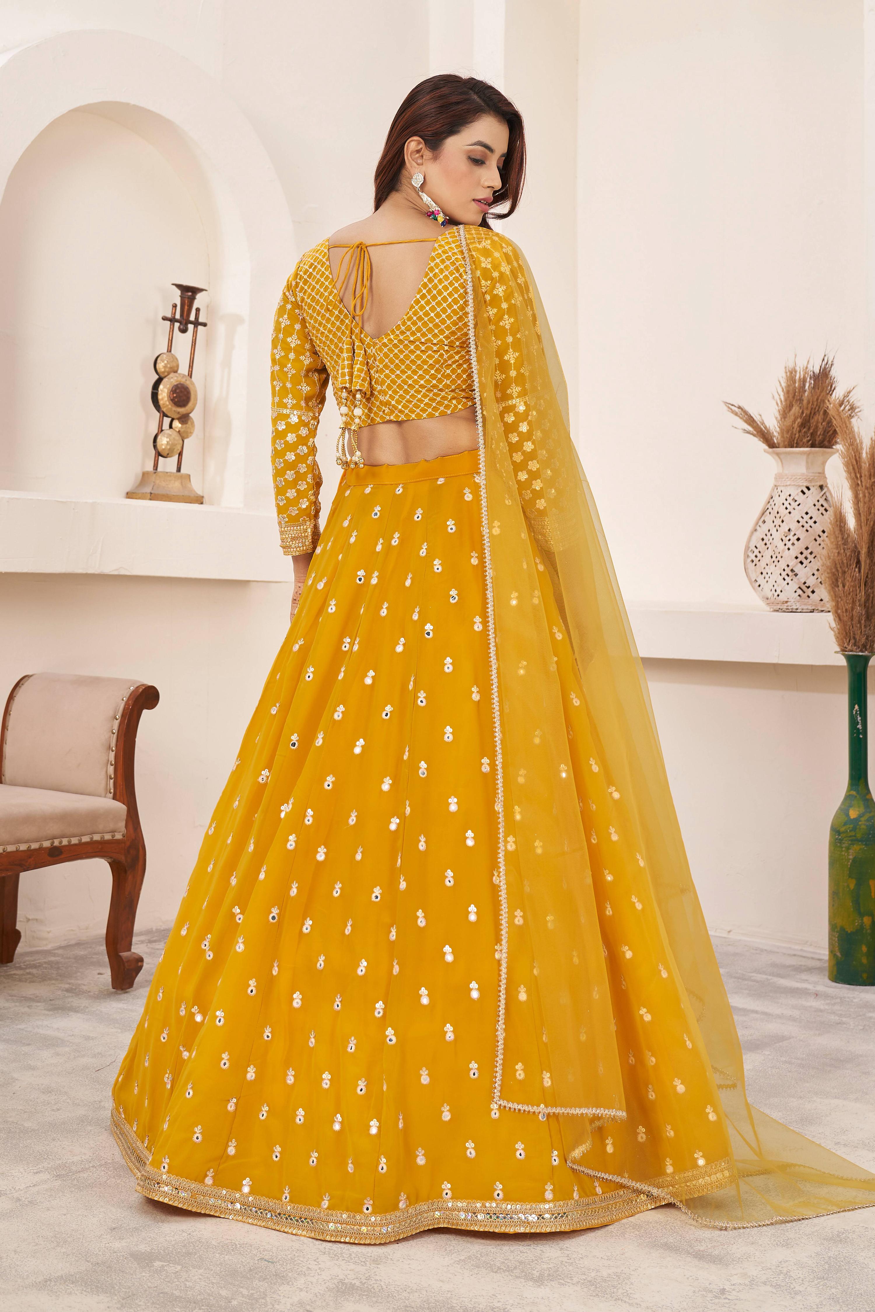 Jyoti Fashion Women's Yellow Georgette Multi Colored Thread with Sequins Embroidered Lehenga Choli & Dupatta | Grocsy