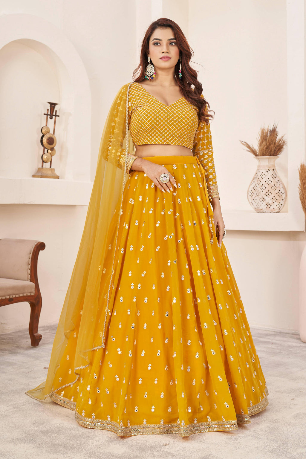Jyoti Fashion Women's Yellow Georgette Multi Colored Thread with Sequins Embroidered Lehenga Choli & Dupatta | Grocsy