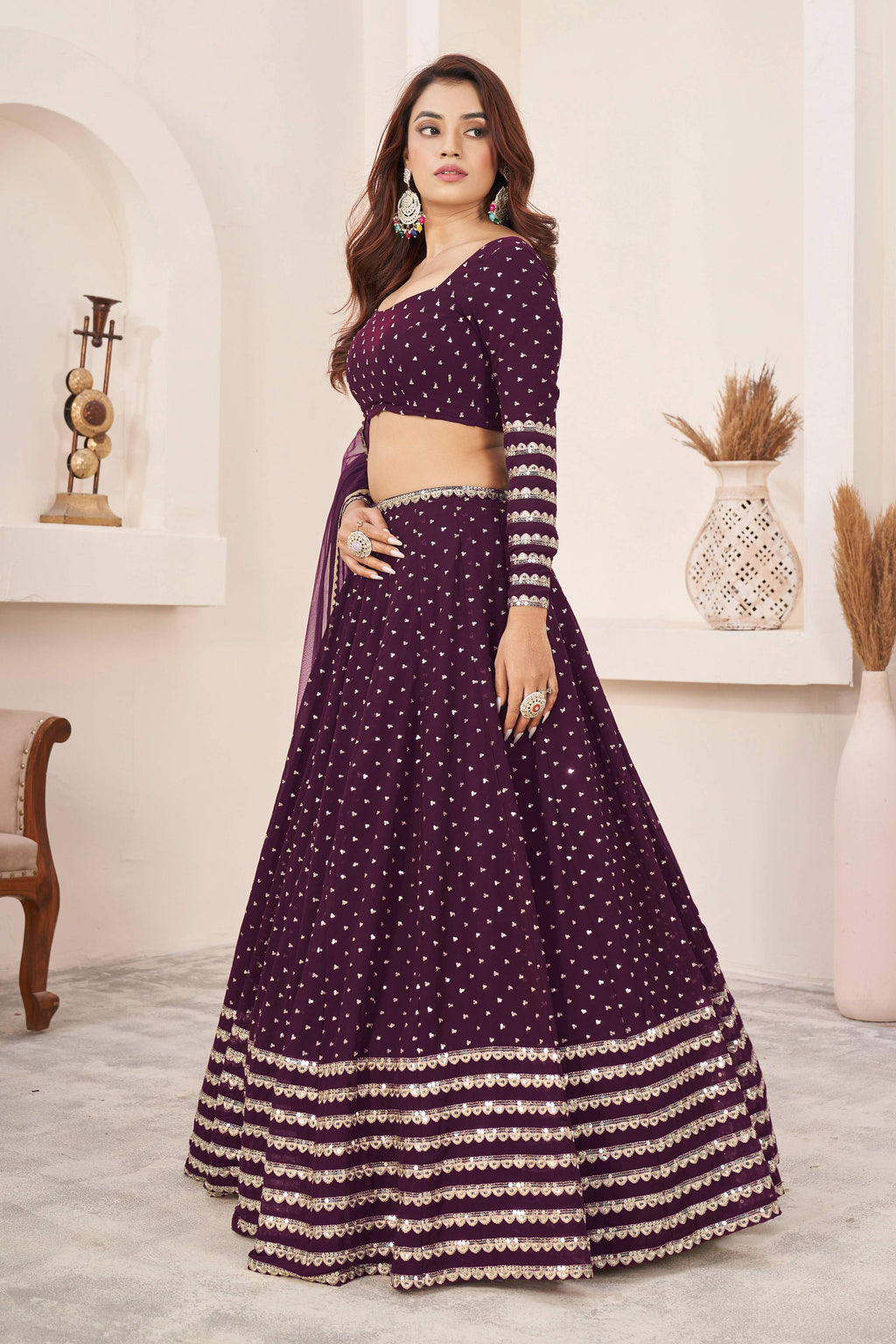 Jyoti Fashion Women's Wine Georgette Sequins Zari Embroidered Lehenga Choli & Dupatta | Grocsy