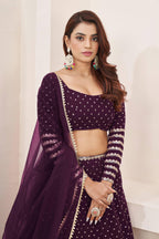 Jyoti Fashion Women's Wine Georgette Sequins Zari Embroidered Lehenga Choli & Dupatta | Grocsy