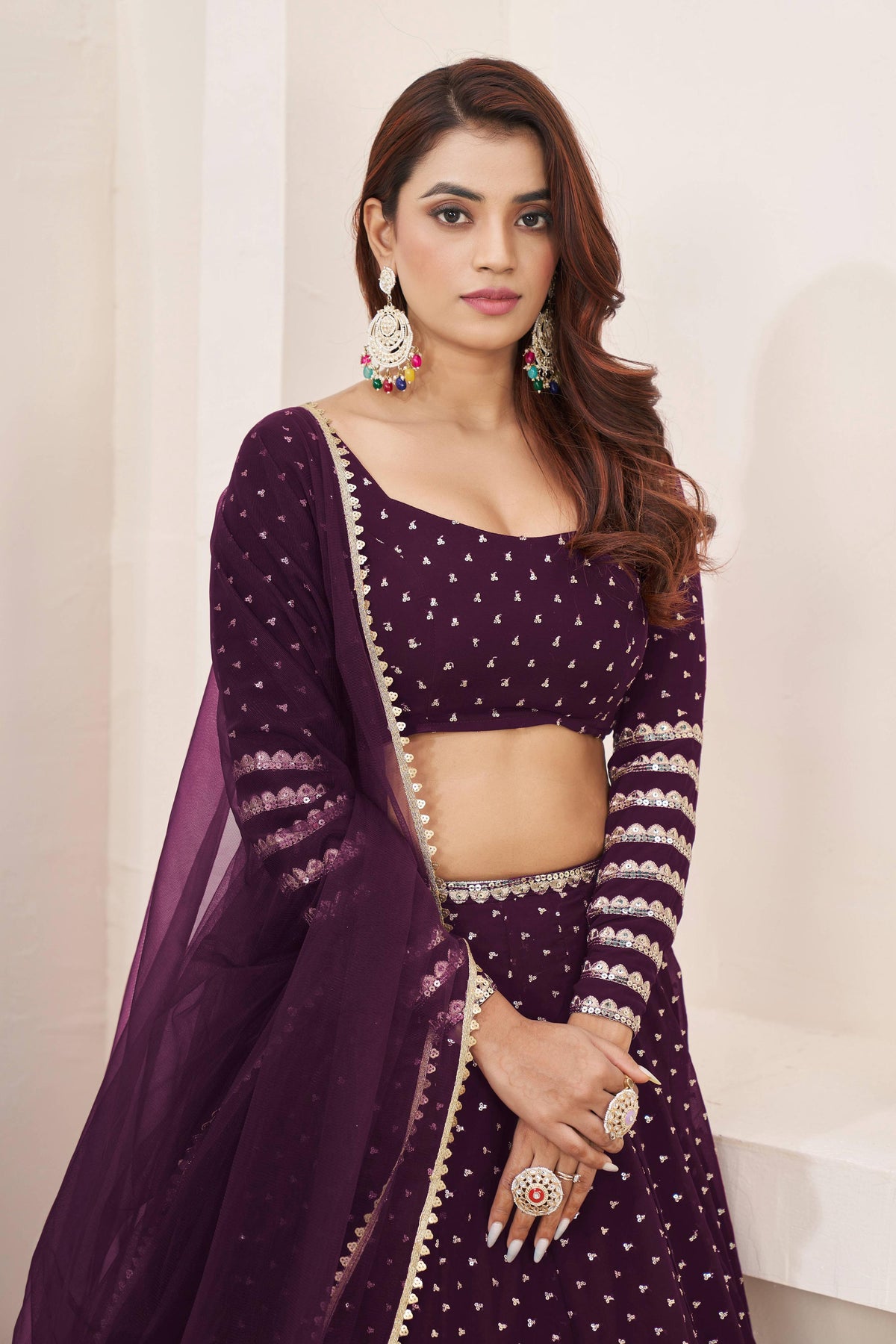 Jyoti Fashion Women's Wine Georgette Sequins Zari Embroidered Lehenga Choli & Dupatta | Grocsy