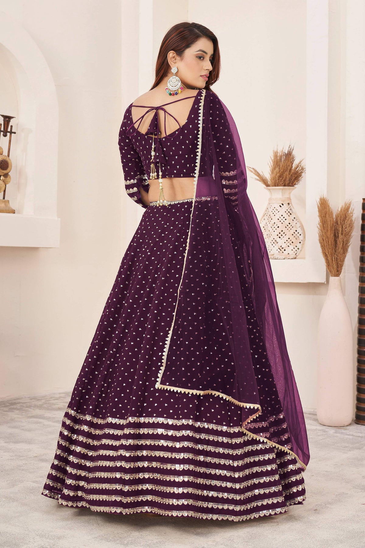 Jyoti Fashion Women's Wine Georgette Sequins Zari Embroidered Lehenga Choli & Dupatta | Grocsy