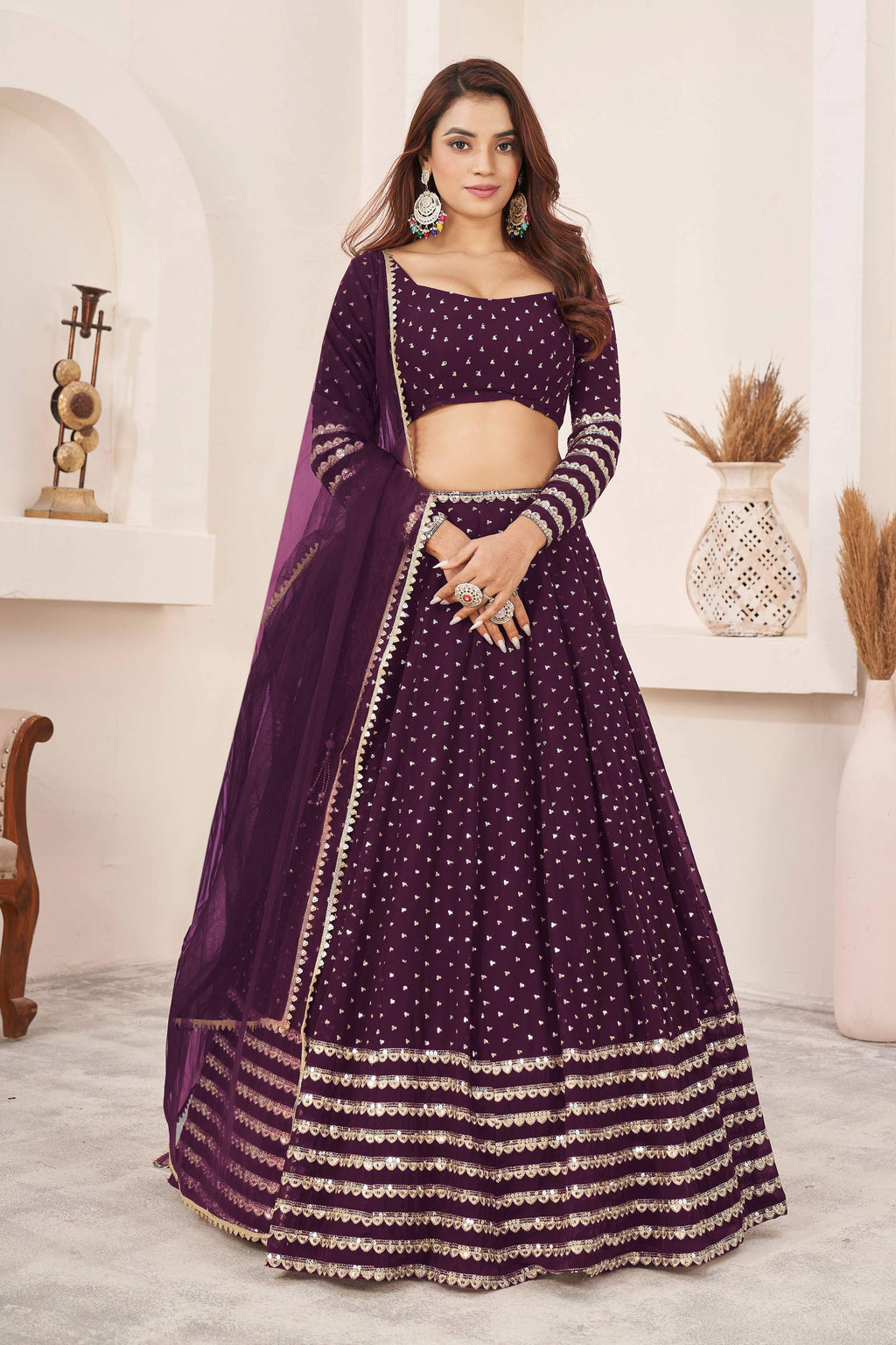 Jyoti Fashion Women's Wine Georgette Sequins Zari Embroidered Lehenga Choli & Dupatta | Grocsy