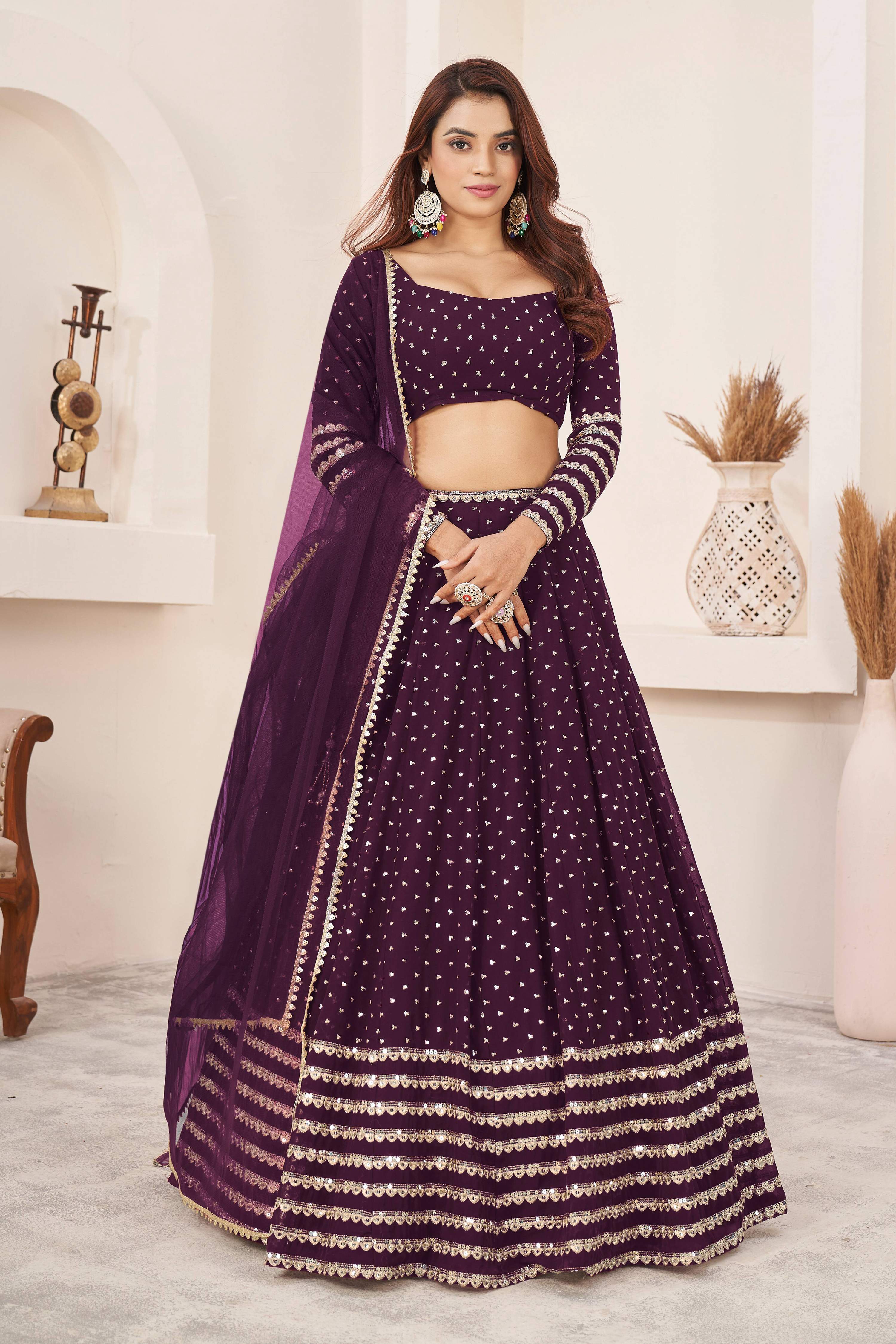 Jyoti Fashion Women's Wine Georgette Sequins Zari Embroidered Lehenga Choli & Dupatta | Grocsy