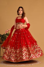 Jyoti Fashion Women's Red Georgette Sequins Zari Embroidered Lehenga Choli & Dupatta | Grocsy
