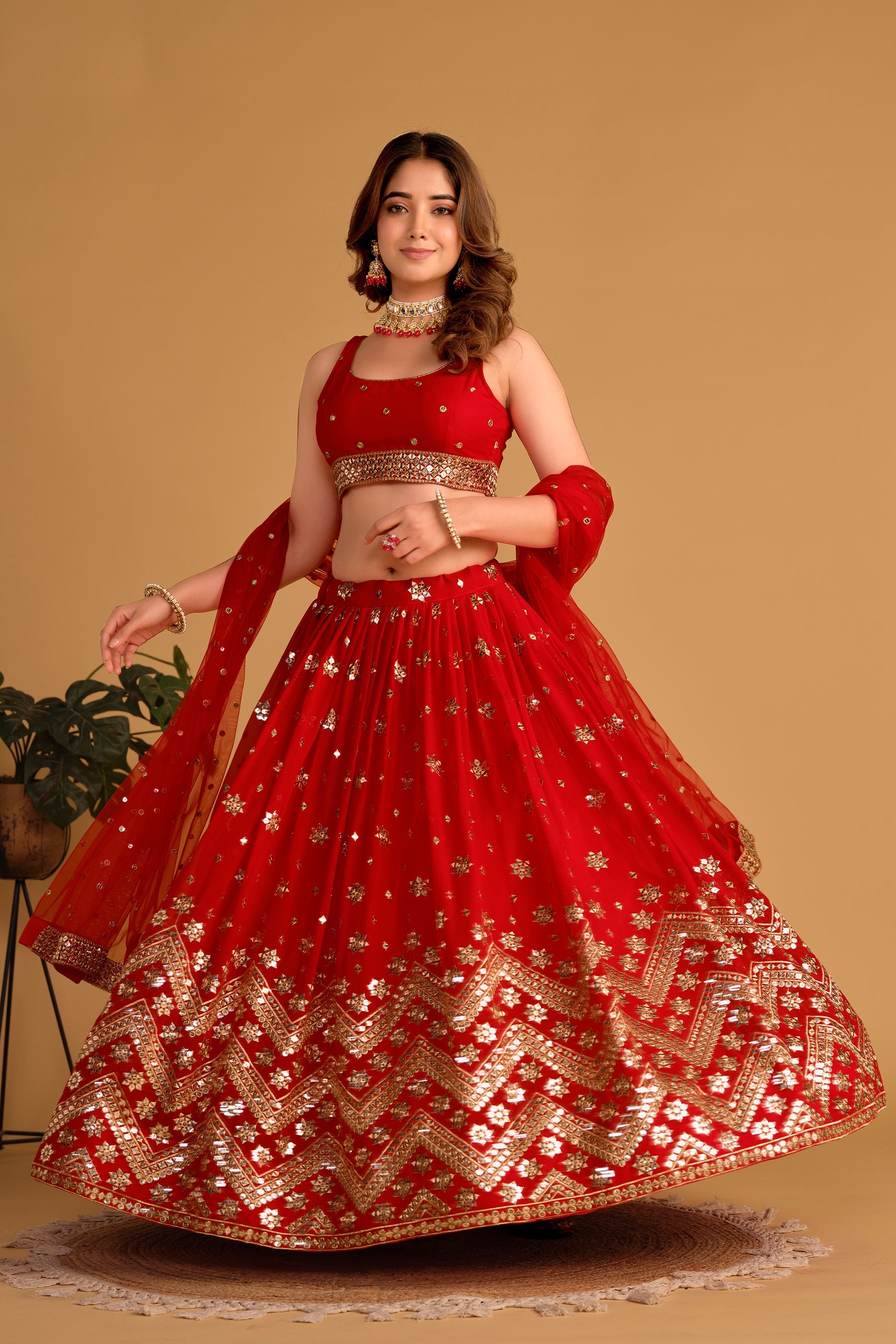 Jyoti Fashion Women's Red Georgette Sequins Zari Embroidered Lehenga Choli & Dupatta | Grocsy