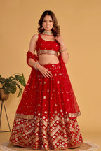 Jyoti Fashion Women's Red Georgette Sequins Zari Embroidered Lehenga Choli & Dupatta | Grocsy