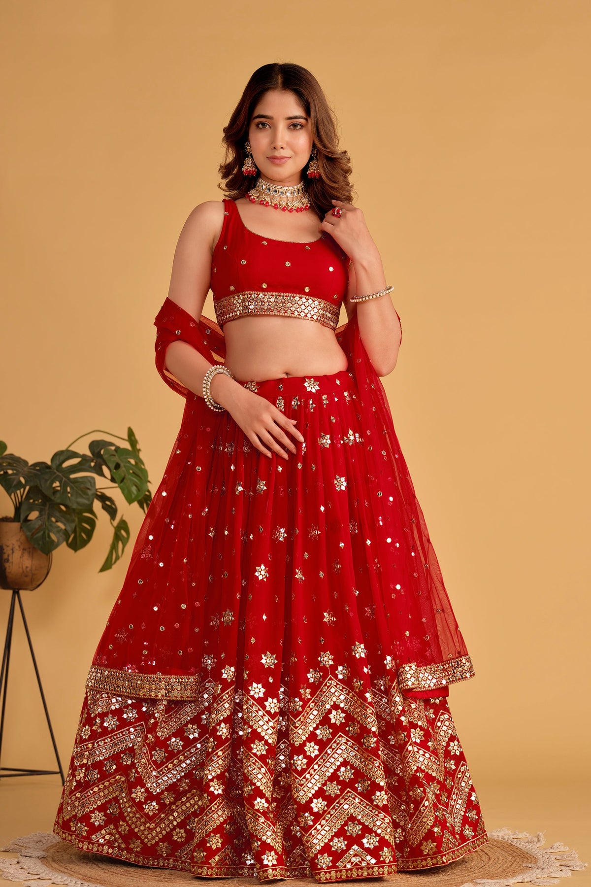 Jyoti Fashion Women's Red Georgette Sequins Zari Embroidered Lehenga Choli & Dupatta | Grocsy