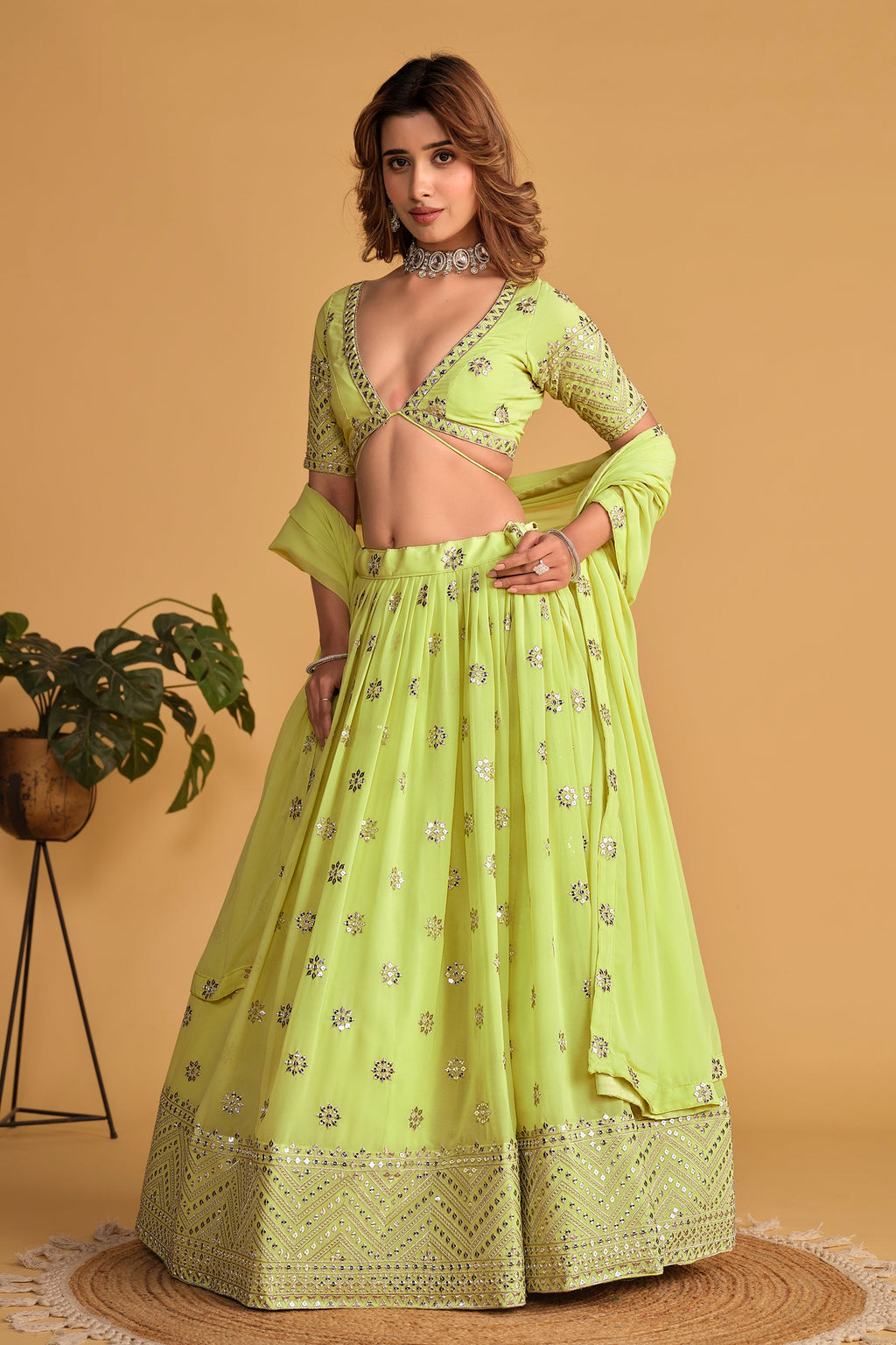 Jyoti Fashion Women's Neon Georgette Sequins Zari Embroidered Lehenga Choli & Dupatta | Grocsy