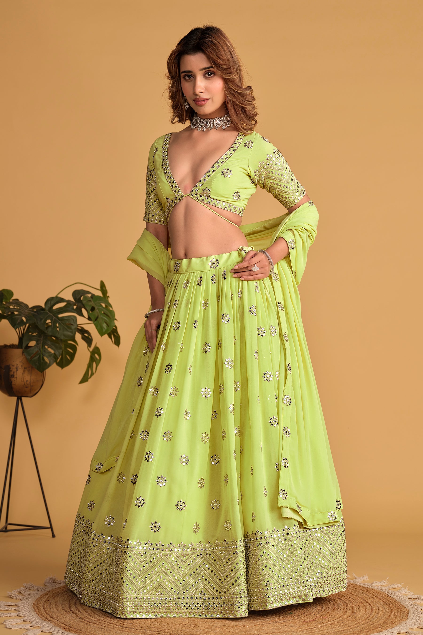 Jyoti Fashion Women's Neon Georgette Sequins Zari Embroidered Lehenga Choli & Dupatta | Grocsy