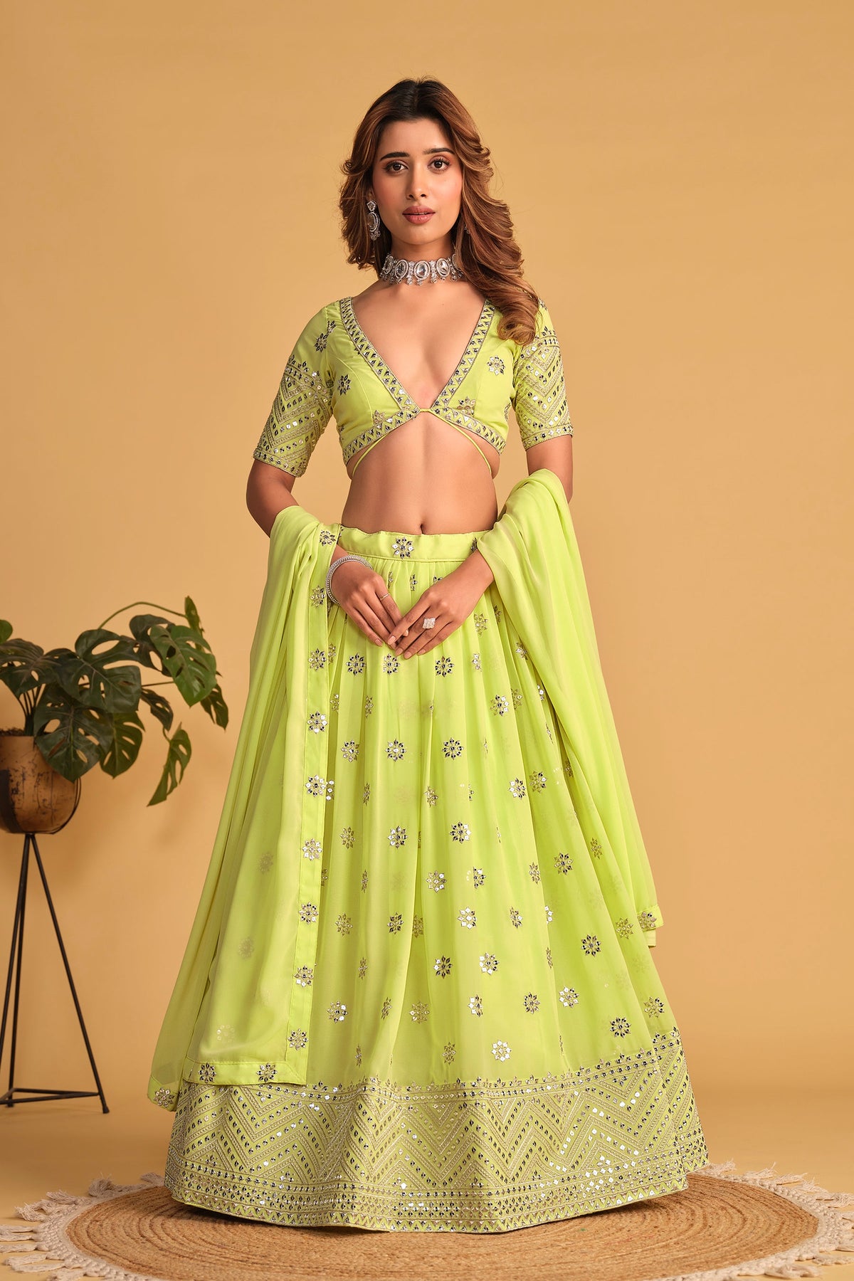 Jyoti Fashion Women's Neon Georgette Sequins Zari Embroidered Lehenga Choli & Dupatta | Grocsy