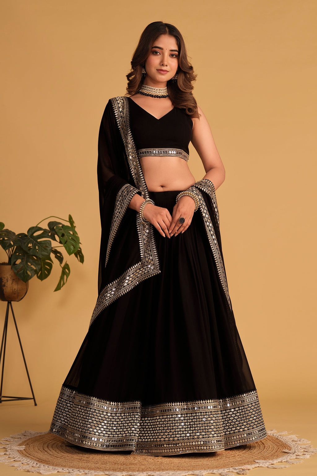 Jyoti Fashion Women's Black Georgette Sequins Zari Embroidered Lehenga Choli & Dupatta | Grocsy