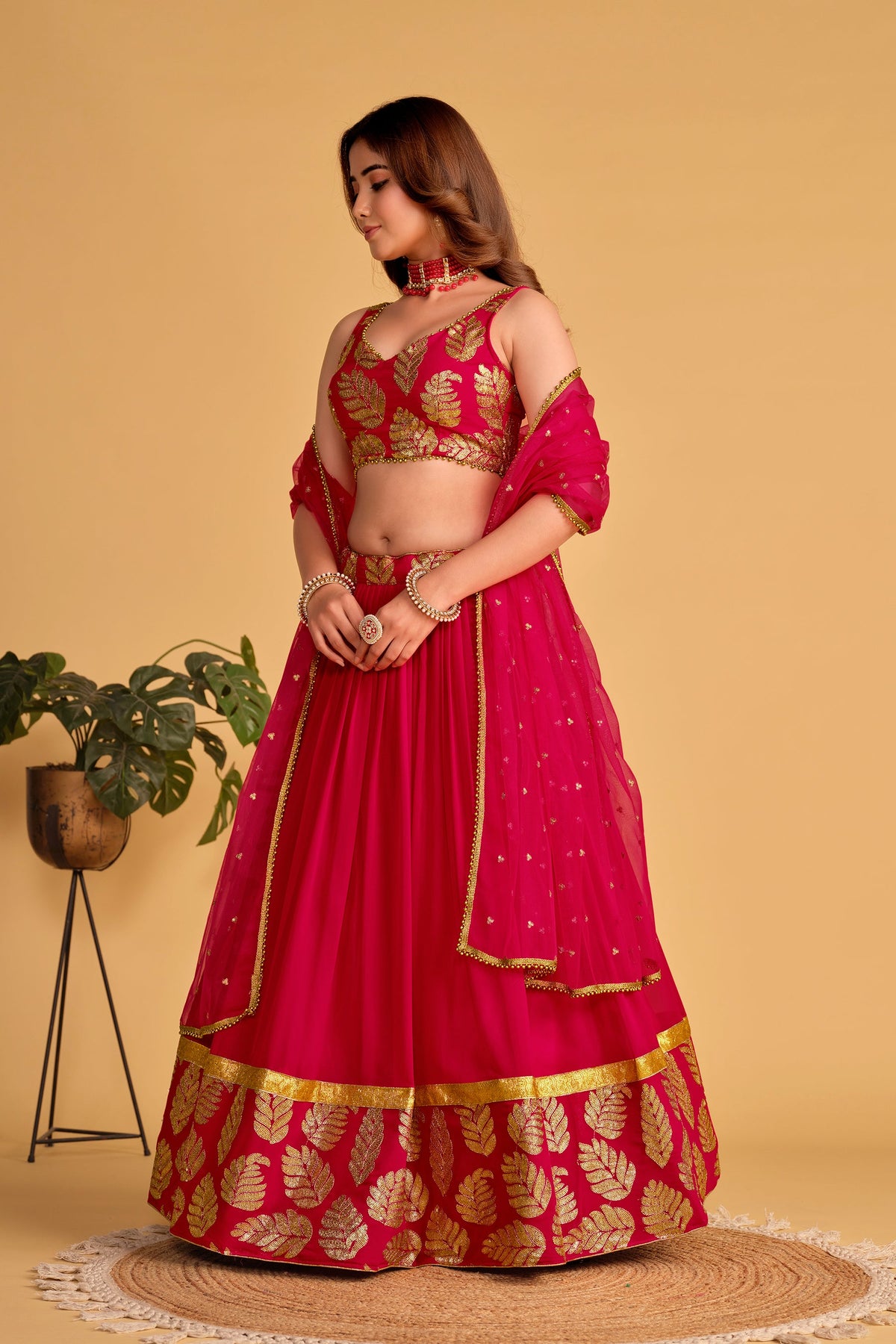 Jyoti Fashion Women's Pink Georgette Sequins Zari Embroidered Lehenga Choli & Dupatta | Grocsy
