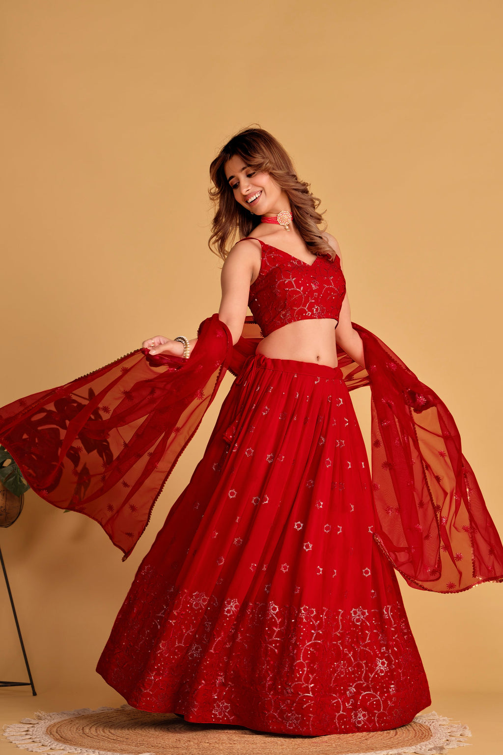 Jyoti Fashion Women's Red Georgette Sequins Thread Embroidered Lehenga Choli & Dupatta | Grocsy