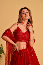 Jyoti Fashion Women's Red Georgette Sequins Thread Embroidered Lehenga Choli & Dupatta | Grocsy