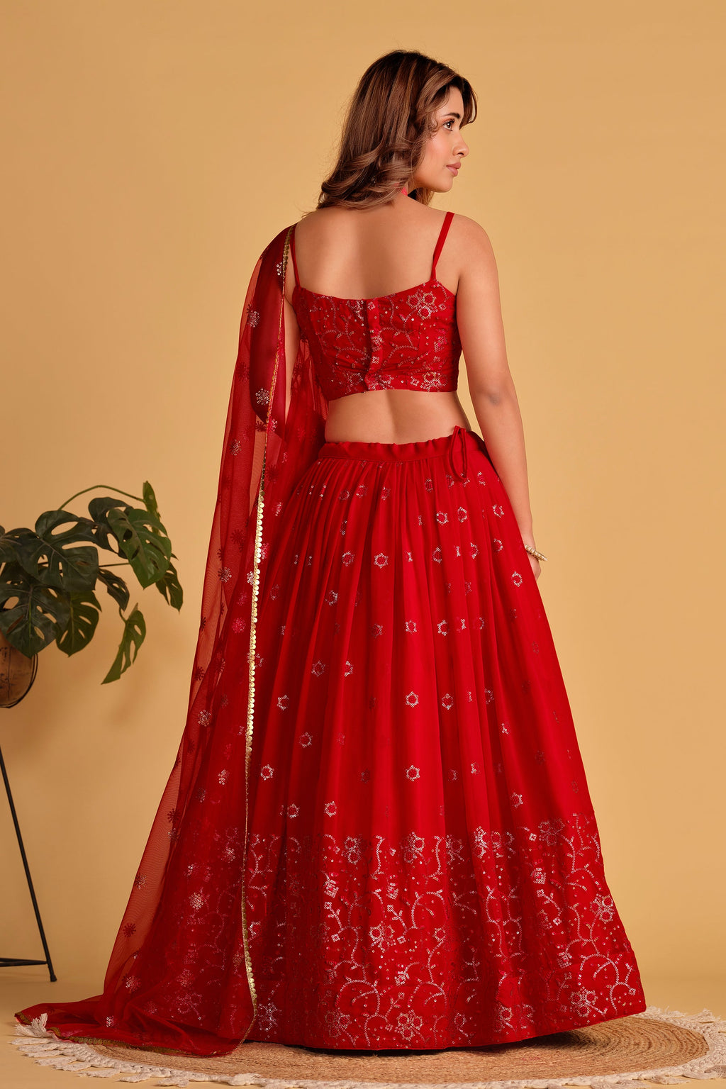 Jyoti Fashion Women's Red Georgette Sequins Thread Embroidered Lehenga Choli & Dupatta | Grocsy