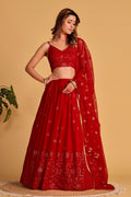 Jyoti Fashion Women's Red Georgette Sequins Thread Embroidered Lehenga Choli & Dupatta | Grocsy