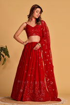 Jyoti Fashion Women's Red Georgette Sequins Thread Embroidered Lehenga Choli & Dupatta | Grocsy