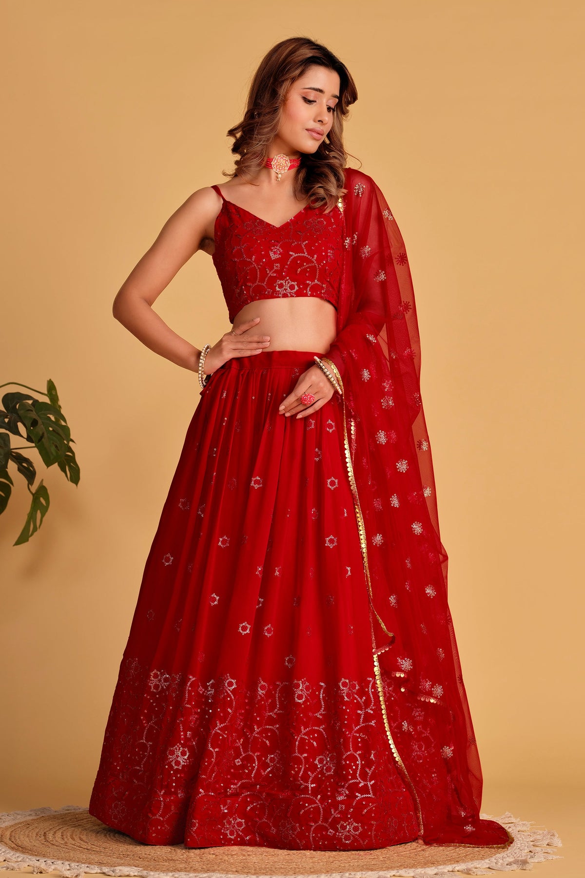 Jyoti Fashion Women's Red Georgette Sequins Thread Embroidered Lehenga Choli & Dupatta | Grocsy