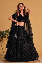 Jyoti Fashion Women's Black Georgette Sequins Thread Embroidered Lehenga Choli & Dupatta | Grocsy