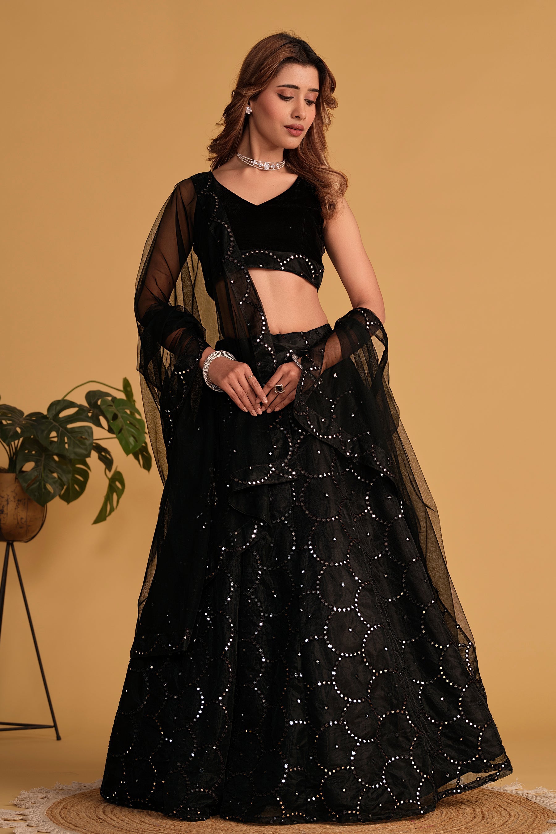 Jyoti Fashion Women's Black Georgette Sequins Thread Embroidered Lehenga Choli & Dupatta | Grocsy