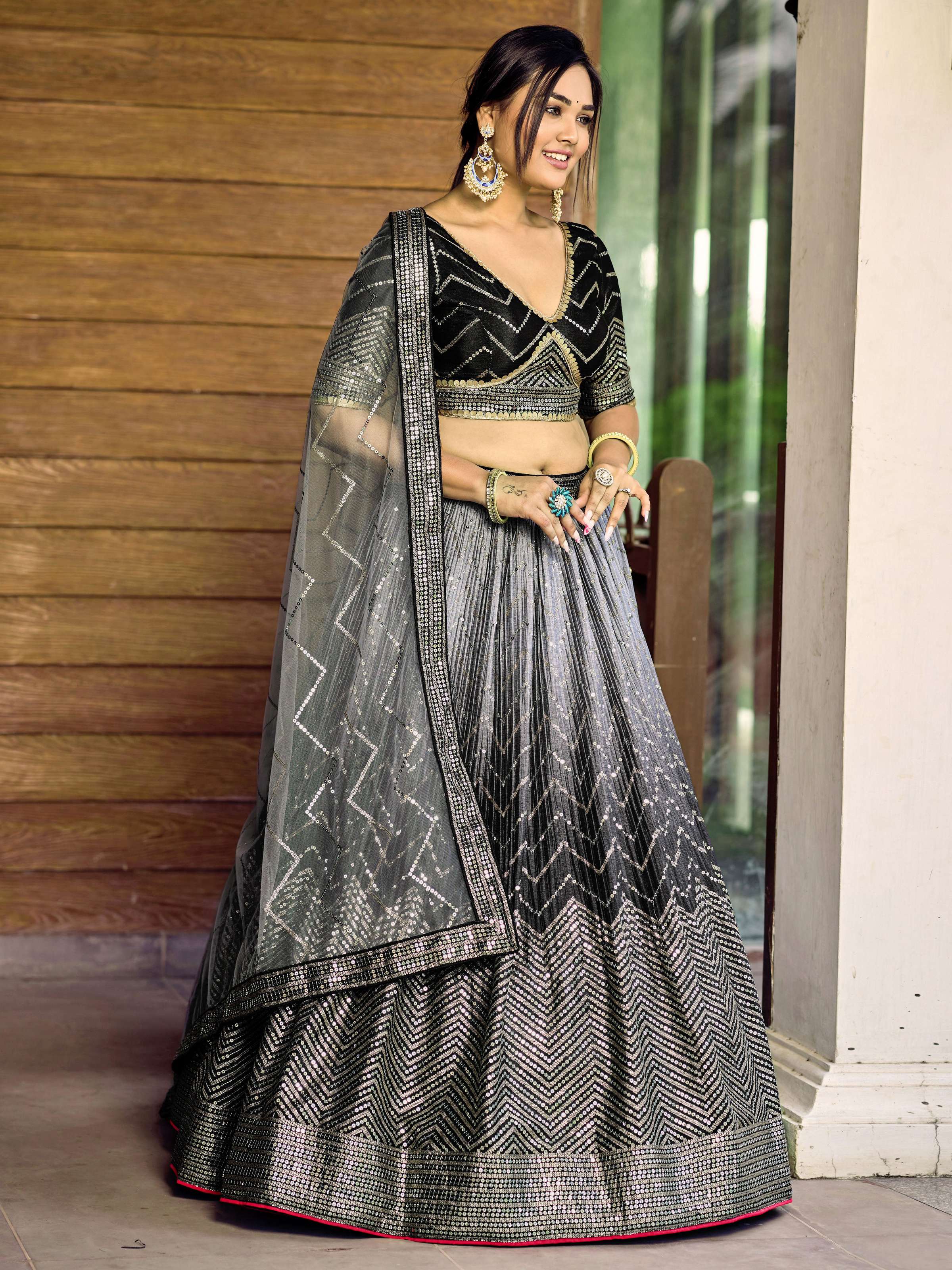 Jyoti Fashion Women's Black Chinon Sequins Thread Embroidered Lehenga Choli & Dupatta | Grocsy