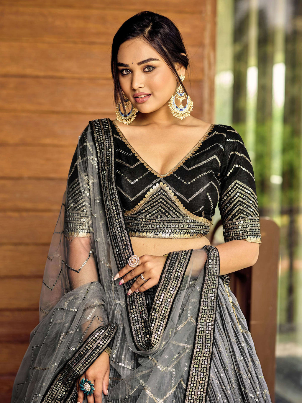 Jyoti Fashion Women's Black Chinon Sequins Thread Embroidered Lehenga Choli & Dupatta | Grocsy