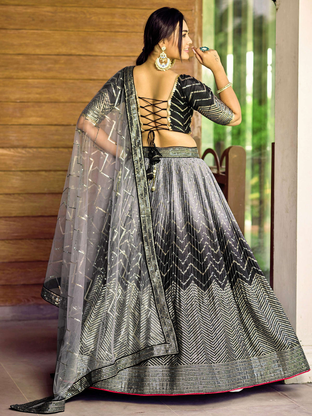 Jyoti Fashion Women's Black Chinon Sequins Thread Embroidered Lehenga Choli & Dupatta | Grocsy