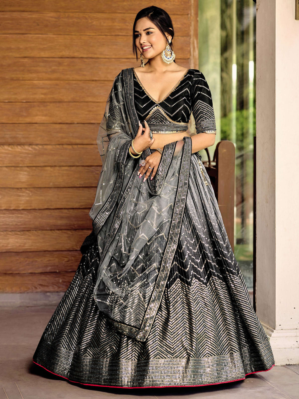 Jyoti Fashion Women's Black Chinon Sequins Thread Embroidered Lehenga Choli & Dupatta | Grocsy