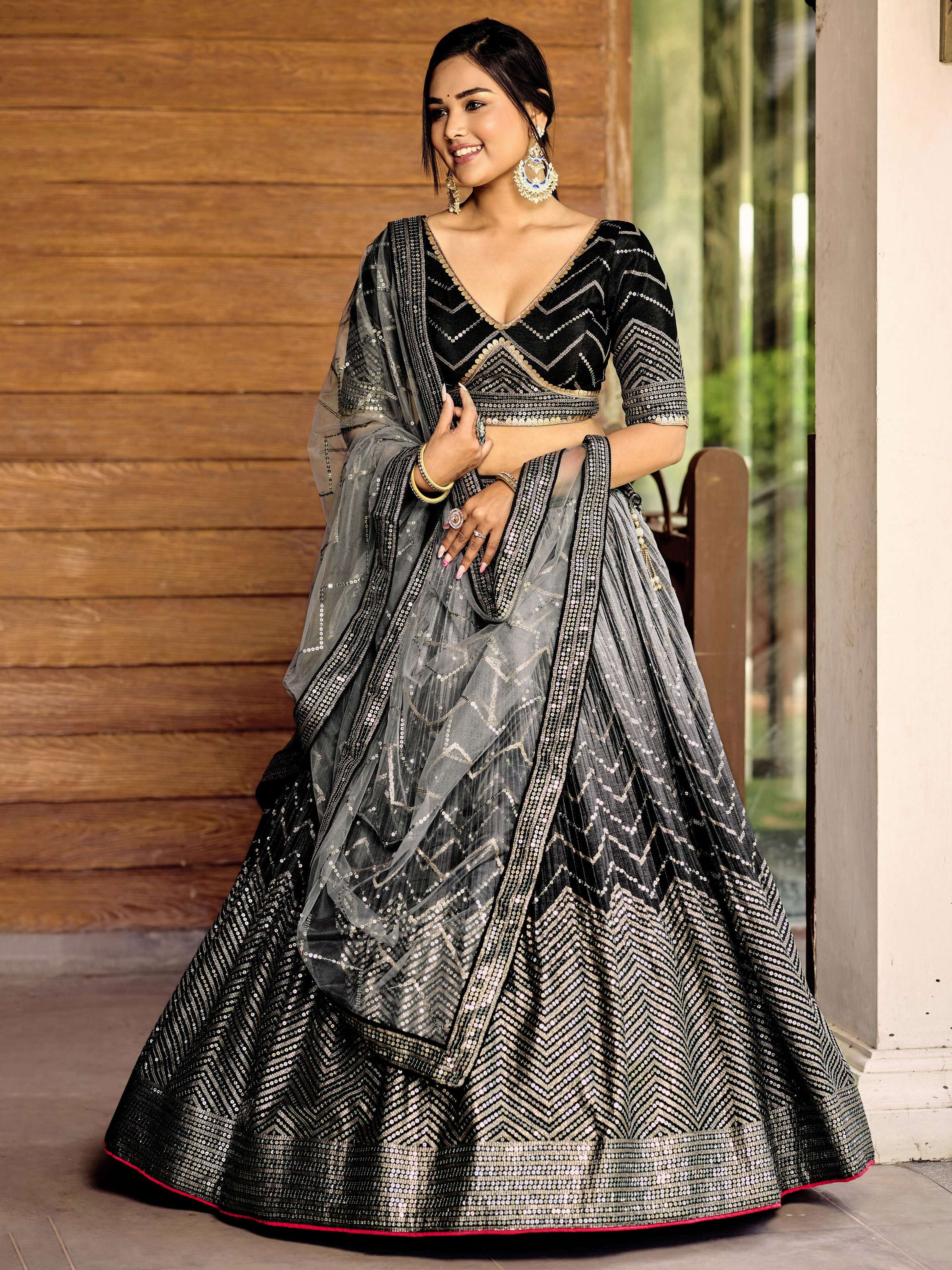 Jyoti Fashion Women's Black Chinon Sequins Thread Embroidered Lehenga Choli & Dupatta | Grocsy