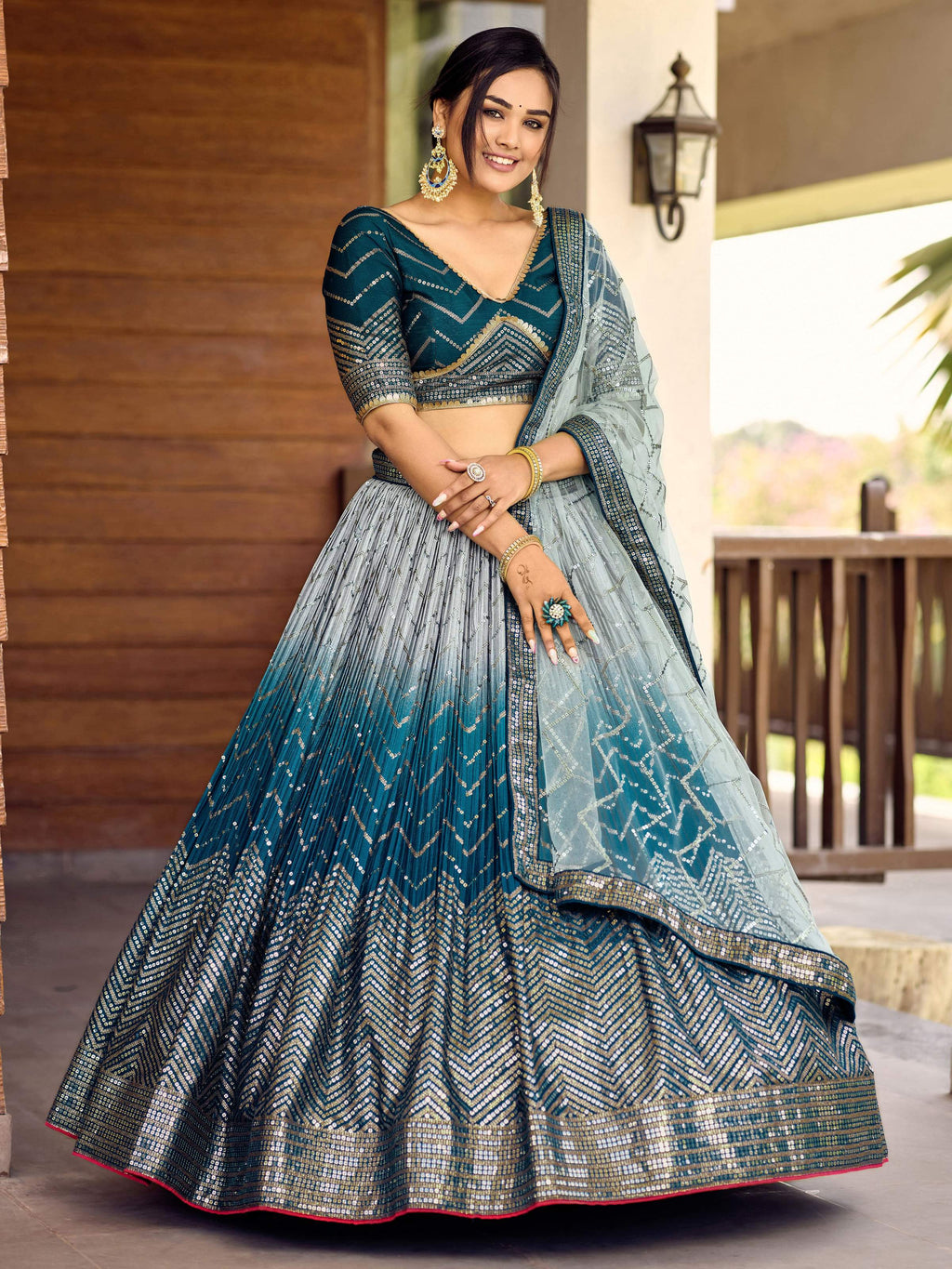 Jyoti Fashion Women's Blue Chinon Sequins Thread Embroidered Lehenga Choli & Dupatta | Grocsy