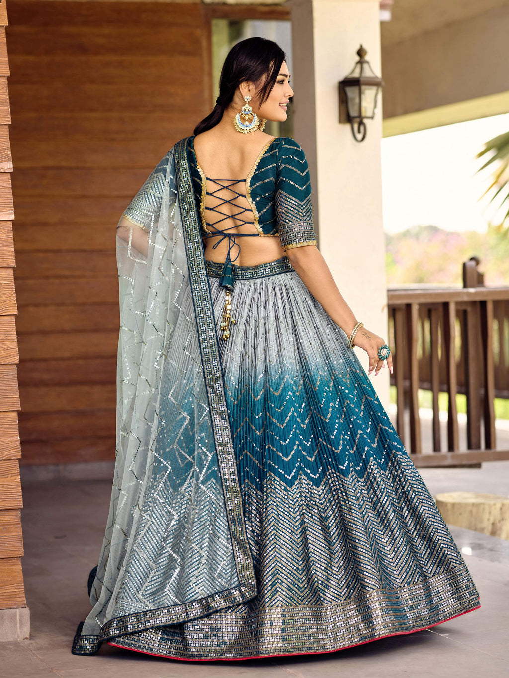 Jyoti Fashion Women's Blue Chinon Sequins Thread Embroidered Lehenga Choli & Dupatta | Grocsy