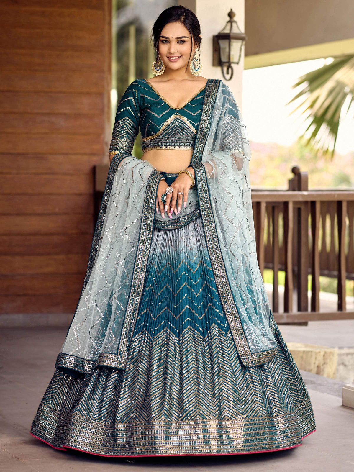 Jyoti Fashion Women's Blue Chinon Sequins Thread Embroidered Lehenga Choli & Dupatta | Grocsy