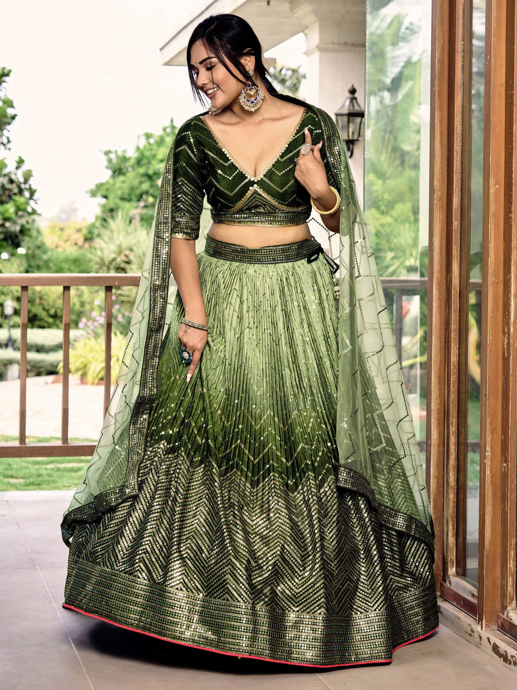 Jyoti Fashion Women's Green Chinon Sequins Thread Embroidered Lehenga Choli & Dupatta | Grocsy