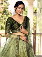 Jyoti Fashion Women's Green Chinon Sequins Thread Embroidered Lehenga Choli & Dupatta | Grocsy