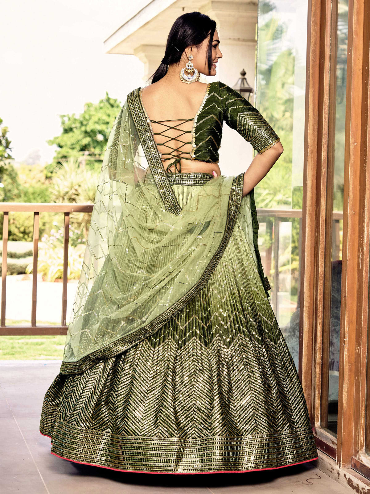 Jyoti Fashion Women's Green Chinon Sequins Thread Embroidered Lehenga Choli & Dupatta | Grocsy