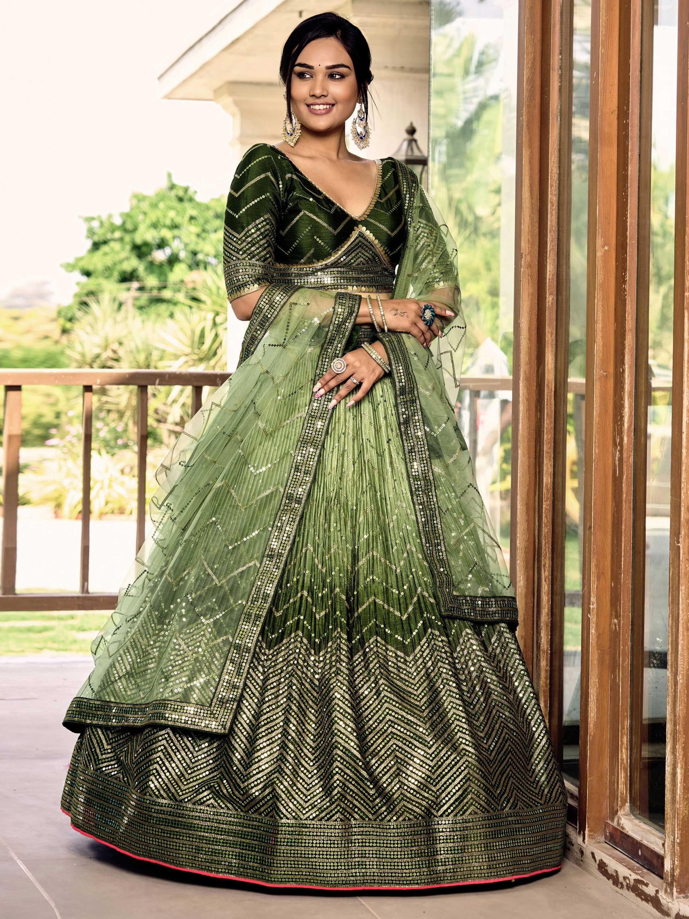 Jyoti Fashion Women's Green Chinon Sequins Thread Embroidered Lehenga Choli & Dupatta | Grocsy