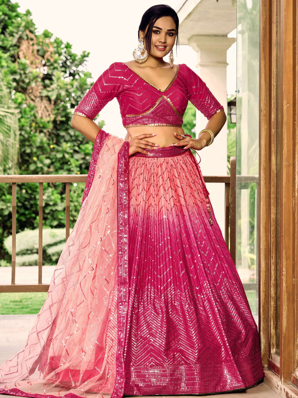 Jyoti Fashion Women's Pink Chinon Sequins Thread Embroidered Lehenga Choli & Dupatta | Grocsy