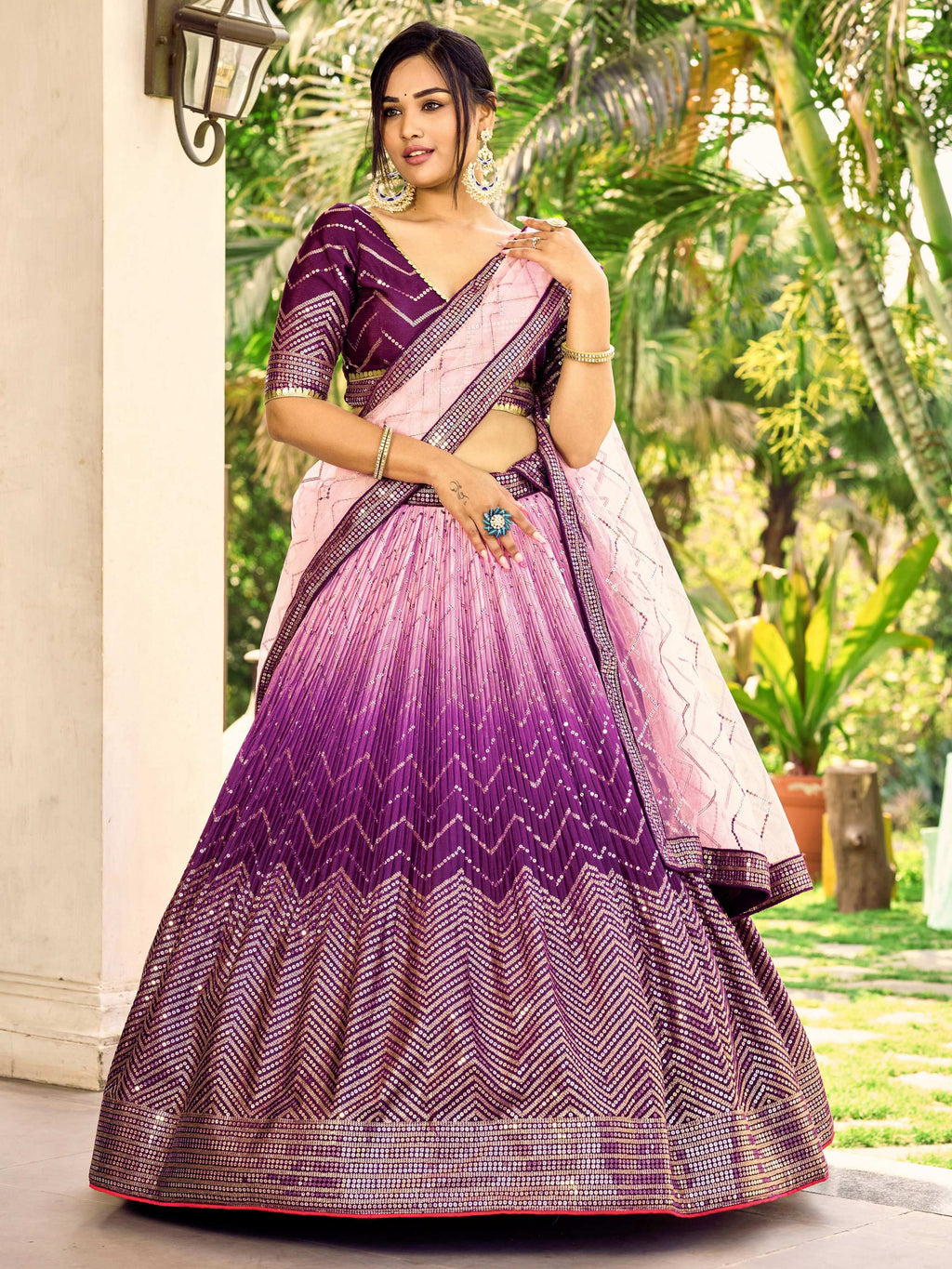 Jyoti Fashion Women's Purple Chinon Sequins Thread Embroidered Lehenga Choli & Dupatta | Grocsy