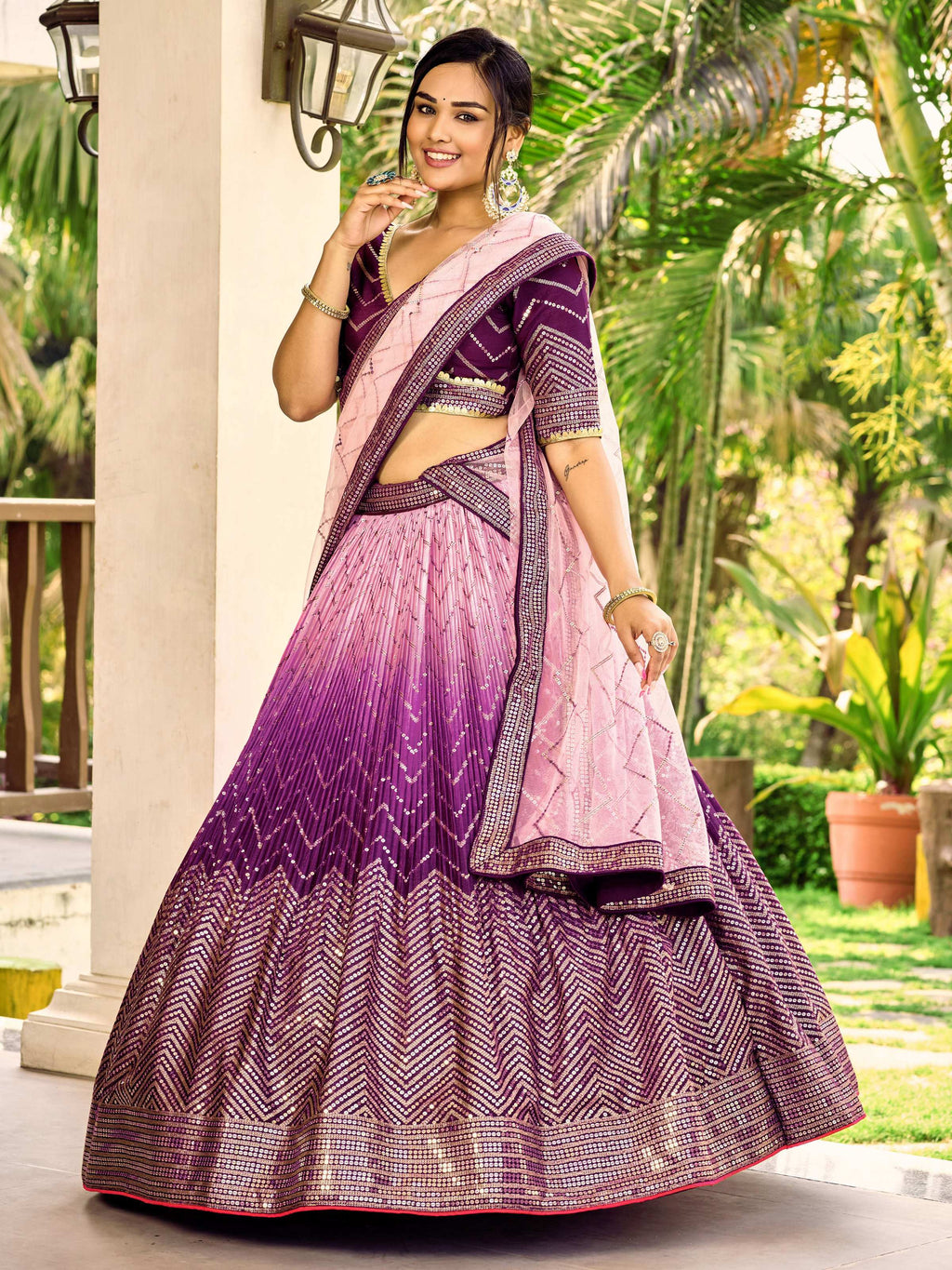 Jyoti Fashion Women's Purple Chinon Sequins Thread Embroidered Lehenga Choli & Dupatta | Grocsy