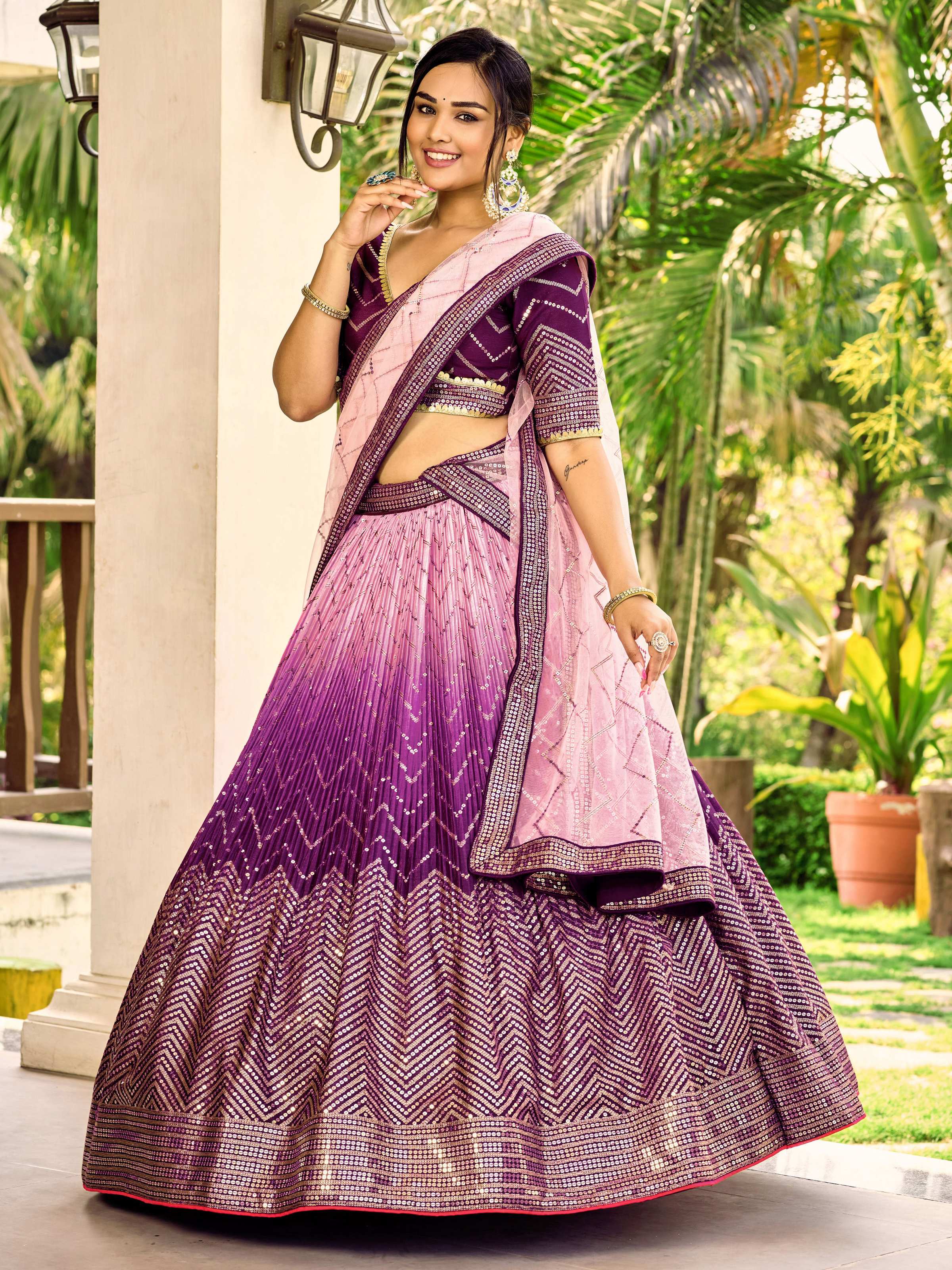 Jyoti Fashion Women's Purple Chinon Sequins Thread Embroidered Lehenga Choli & Dupatta | Grocsy